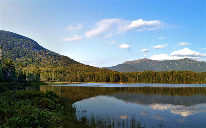 Lonesome Lake, 4k, mountains, sunrise, morning, beautiful lake, New Hampshire, USA