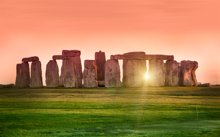Stonehenge, 4k, puesta de sol, ingl&#233;s monumentos, Inglaterra, reino unido