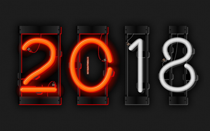 Ano de 2018, neon d&#237;gitos, 4k, arte, metal de fundo, 2018, Novo Ano De 2018, grelha, criativo