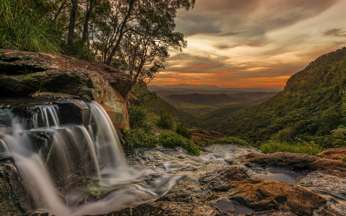 mountain river, waterfall, mountain valley, mountains, sunset, Queensland, Lamington National Park, Australia