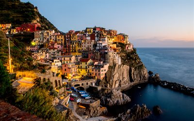 Manarola, gece, deniz, sahil, sunrise, Liguria, İtalya, Riomaggiore, La Spezia