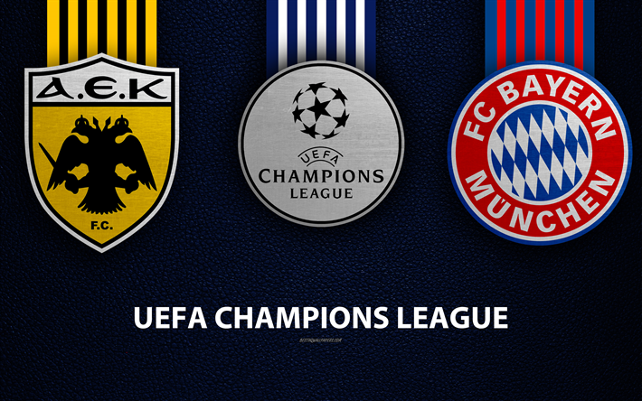 AEK FC vs Bayernミュンヘン, 4k, 革の質感, ロゴ, グループE, 第3戦, プロモーション, UEFAチャンピオンズリーグ, サッカーゲーム, サッカークラブのロゴ, 欧州