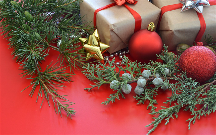 Joulu, lahjoja, paperi laatikot, punaiset nauhat, Uusi Vuosi, sisustus