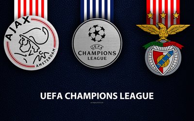Ajax FC vs SL Benfica, 4k, leather texture, logos, Group E, Round 3, promo, UEFA Champions League, football game, football club logos, Europe