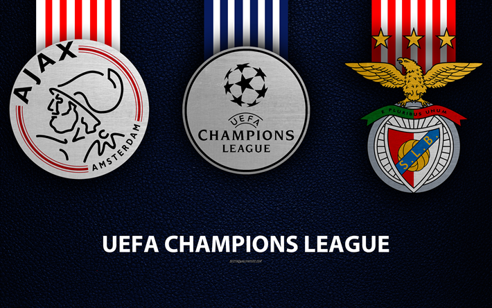 Ajax FC vs SL Benfica, 4k, textura de cuero, logotipos, Grupo E de la Ronda 3, de promoci&#243;n, de la UEFA Champions League, juego de f&#250;tbol, club de f&#250;tbol de logotipos, Europa