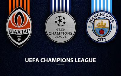 Shakhtar Donetsk FC vs Manchester City FC, 4k, leather texture, logos, Group F, Round 3, promo, UEFA Champions League, football game, football club logos, Europe