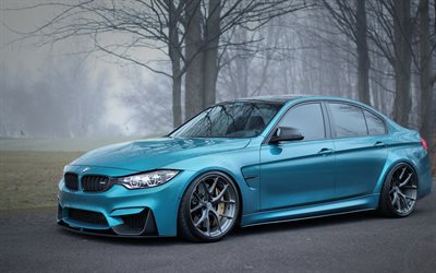 BMW M3 F80, berline bleu, tuning M3, gris roues, le nouveau bleu de M3, voitures allemandes, BMW