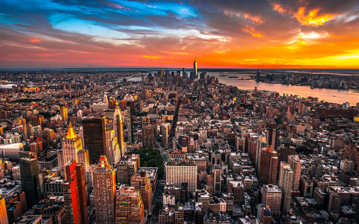 New York, Skyline, sunset, World Trade Center 1, skyscrapers, Manhattan, USA