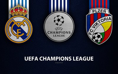 Real Madrid vs FC Viktoria Plzen, 4k, leather texture, logos, Group G, Round 3, promo, UEFA Champions League, football game, football club logos, Europe