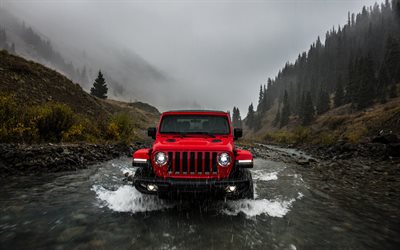 2018, Jeep Wrangler Rubicon, front view, SUV, new red Wrangler Rubicon, off-road, riding on a mountain river, USA, mountains, Jeep