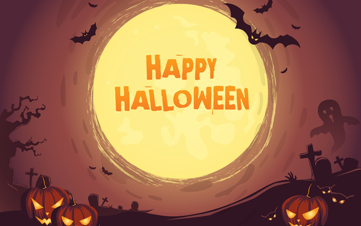 Happy Halloween, moon, night, pumpkin, bat, creative, Halloween Party