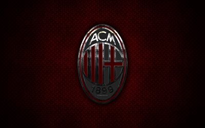 AC Milan, metal logo, emblem, creative art, Italian football club, red metal background, art, Series A, Italy