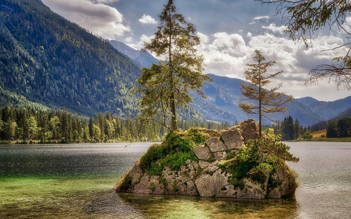 lago de montanha, ilha, &#225;rvores, Alpes, paisagem de montanha, floresta