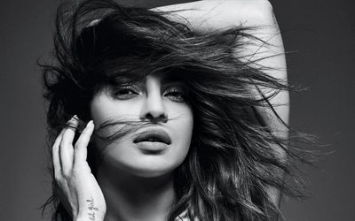 Priyanka Chopra, portrait, black and white, monochrome, smile, face, indian actress, Bollywood, India