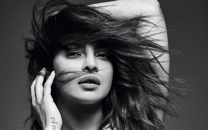 Priyanka Chopra, retrato, preto e branco, monocrom&#225;tico, sorriso, rosto, a atriz indiana, Bollywood, &#205;ndia