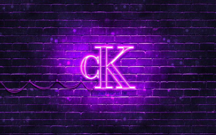 Calvin Klein violetti logo, 4k, violetti tiilisein&#228;, Calvin Klein logo, muoti tuotemerkit, Calvin Klein neon logo, Calvin Klein