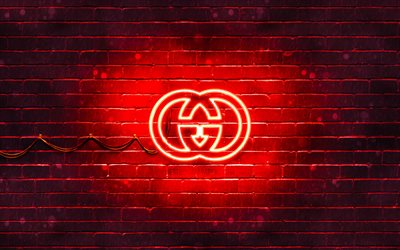 gucci rotes logo, 4k, rote ziegelwand, gucci logo, modemarken, gucci neon-logo, gucci