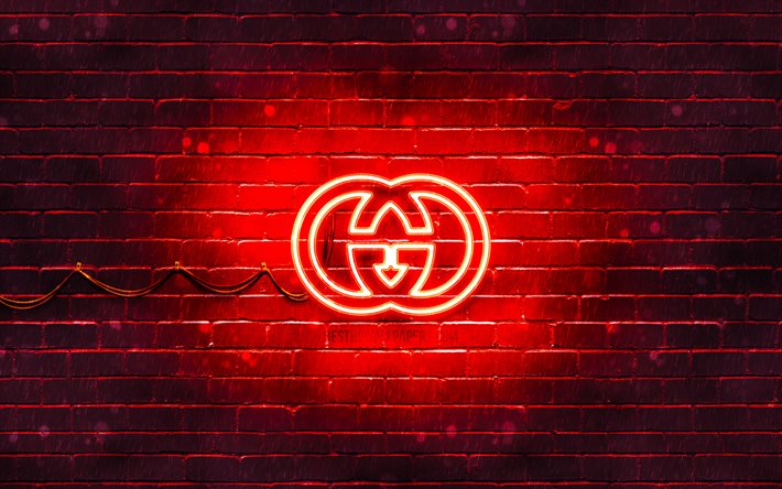 Logotipo vermelho Gucci, 4k, parede de tijolos vermelhos, logotipo da Gucci, marcas de moda, logotipo neon da Gucci, Gucci
