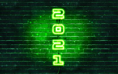 Happy New Year 2021, green neon digits, 4k, green brickwall, 2021 green digits, 2021 concepts, 2021 new year, vertical neon inscription, 2021 on green background, 2021 year digits