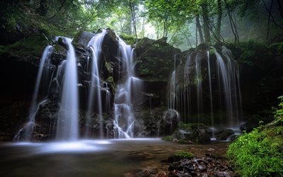 waterfall, forest, lake, stones, rocks, forest waterfall, water concepts