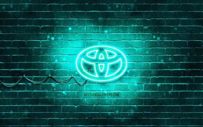 Toyota turkuaz logo, 4k, turkuaz brickwall, Toyota logosu, otomobil markaları, Toyota neon logosu, Toyota