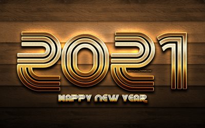 4k, 2021 new year, brown wooden background, 2021 golden glitter digits, 2021 concepts, 2021 year digits, 2021 on wooden background, Happy New Year 2021