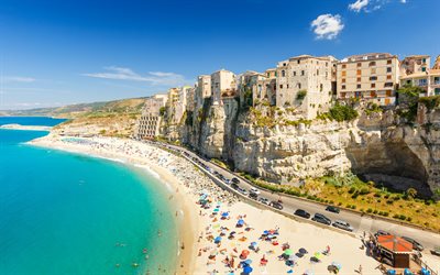 Tropea, coast, resort, beach, Mediterranean Sea, Tropea cityscape, Calabria, Tropea beach, Italy, Province of Vibo Valentia
