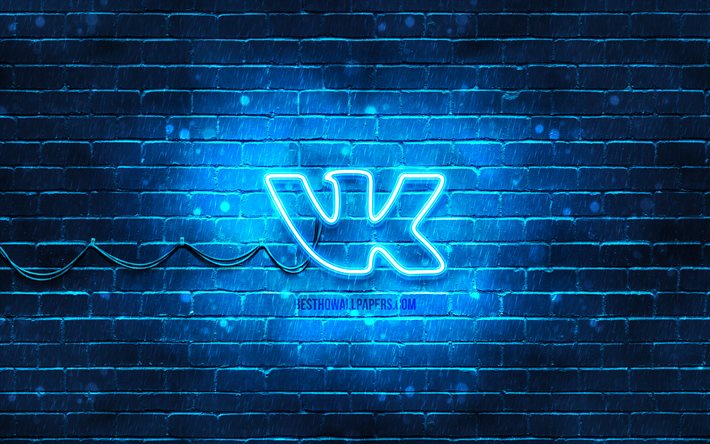 Vkontakte blue logo, 4k, blue brickwall, Vkontakte logo, social networks, VK logo, Vkontakte neon logo, Vkontakte