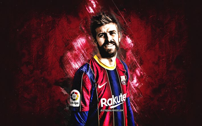 Gerard Pique, FC Barcelona, Spanish football player, burgundy stone background, football, La Liga