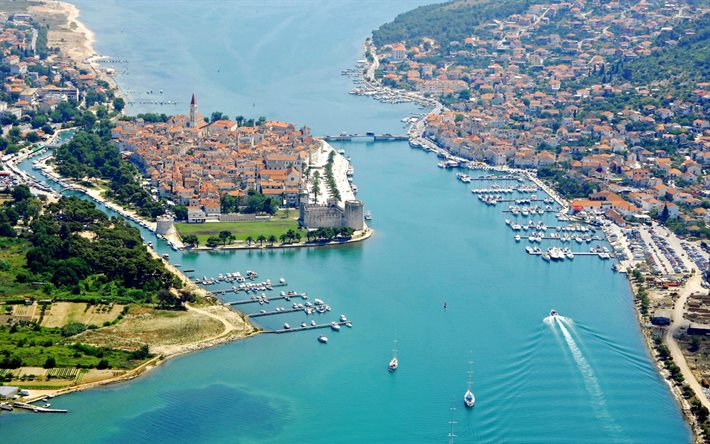 Trogir, sommar, semesterort, Flygfoto, Semesterorter i Kroatien, Trogir stadsbild, Kroatien