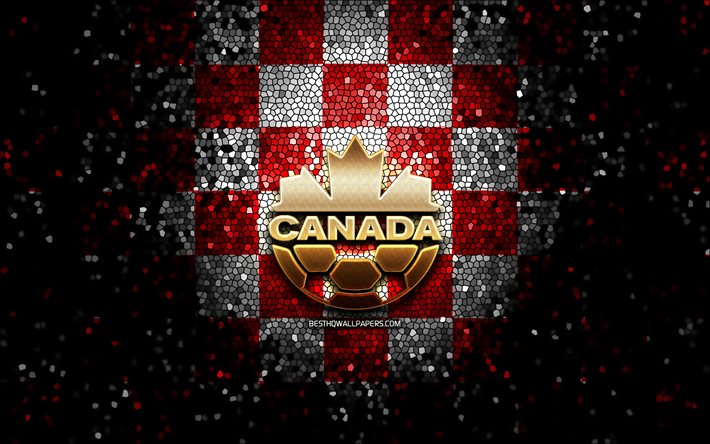 Kanadensiskt fotbollslag, glitterlogotyp, CONCACAF, Nordamerika, r&#246;d vit rutig bakgrund, mosaikkonst, fotboll, Canada National Football Team, CSA-logotyp, Kanada