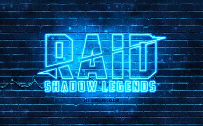 Raid Shadow Legends logo blu, 4k, blue brickwall, Raid Shadow Legends logo, giochi 2020, Raid Shadow Legends neon logo, Raid Shadow Legends