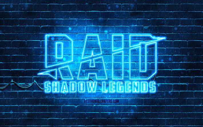 Logotipo azul Raid Shadow Legends, 4k, parede de tijolos azul, logotipo Raid Shadow Legends, jogos 2020, logotipo n&#233;on Raid Shadow Legends, Raid Shadow Legends