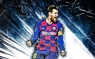 Lionel Messi, blue abstract rays, Barcelona FC, 4k, La Liga, argentinian footballers, FCB, football stars, Messi, Leo Messi, grunge art, Barca, soccer, LaLiga
