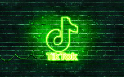 Logo vert TikTok, 4k, mur de briques vert, logo TikTok, r&#233;seaux sociaux, logo n&#233;on TikTok, TikTok