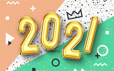 4k, Happy New Year 2021, golden balloons digits, 2021 concepts, 2021 year digits, 2021 new year, 2021 on colorful background, 2021 New Year
