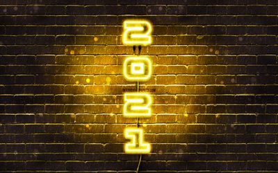 Happy New Year 2021, yellow neon digits, 4k, yellow brickwall, 2021 yellow digits, 2021 concepts, 2021 new year, vertical neon inscription, 2021 on yellow background, 2021 year digits
