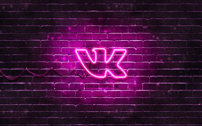 Logo violet Vkontakte, 4k, brickwall violet, logo Vkontakte, r&#233;seaux sociaux, logo VK, logo n&#233;on Vkontakte, Vkontakte