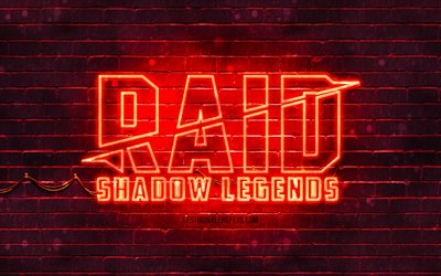 Logo rosso Raid Shadow Legends, 4k, muro di mattoni rossi, logo Raid Shadow Legends, giochi 2020, logo al neon Raid Shadow Legends, Raid Shadow Legends