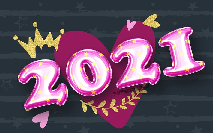 4k, happy new year 2021, lila ballons ziffern, 2021 konzepte, 2021 jahresziffern, 2021 neues jahr, 2021 auf grauem hintergrund, 2021 mit herz