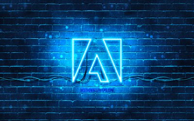 Adobe blue logo, 4k, blue brickwall, Adobe logo, brands, Adobe neon logo, Adobe
