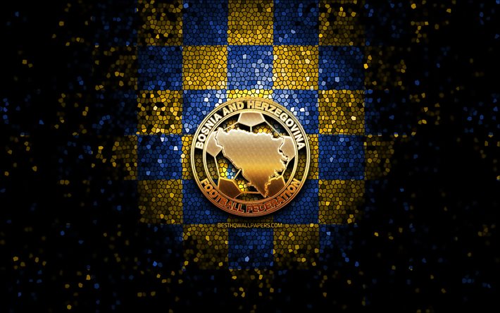 Bosnia and Herzegovina football team, glitter logo, UEFA, Europe, blue yellow checkered background, mosaic art, soccer, Bosnia and Herzegovina National Football Team, FABH logo, football, Bosnia and Herzegovina