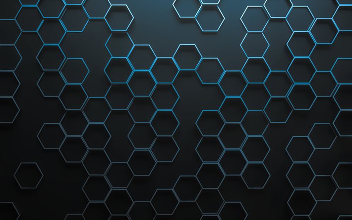 hexagones lin&#233;aires bleus, 4k, hexagones texture 3D, nid d’abeille, motifs hexagones, textures hexagones, textures 3D, arri&#232;re-plans gris, hexagones 3D