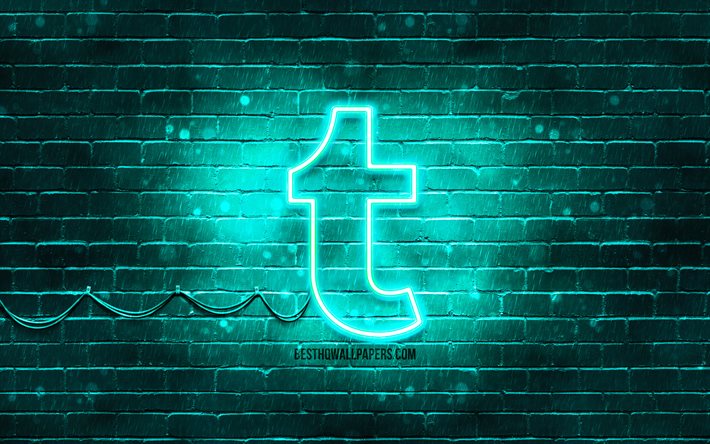 Tumblr turquoise logo, 4k, turquoise brickwall, Tumblr logo, social networks, Tumblr neon logo, Tumblr
