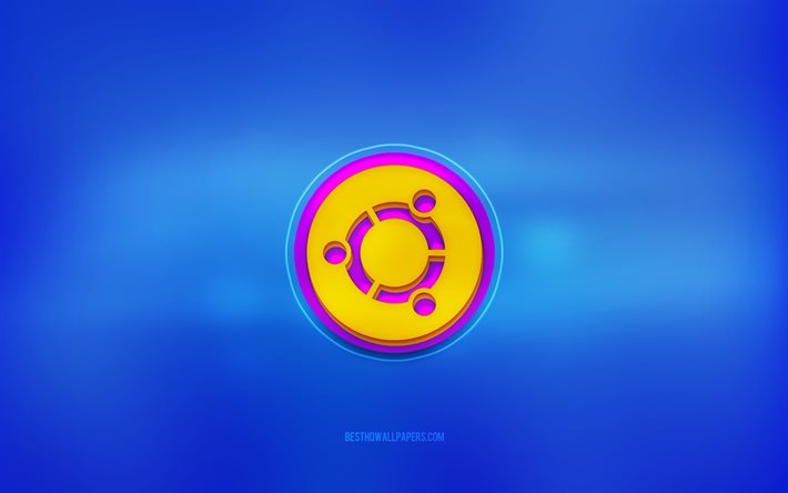 Logo Ubuntu 3D, fond bleu, Ubuntu, logo multicolore, logo Ubuntu, embl&#232;mes 3D, Linux