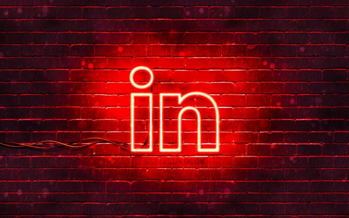 リンクトイン赤いロゴ, 4k, 赤いブリックウォール, LinkedInのロゴ, ソーシャルネットワーク, LinkedInのネオンロゴ, LinkedIn