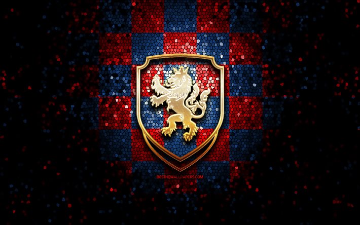 Squadra di calcio ceca, logo glitter, UEFA, Europa, sfondo a scacchi blu rosso, arte mosaico, calcio, Repubblica Ceca Nazionale di calcio, logo FACR, Repubblica Ceca