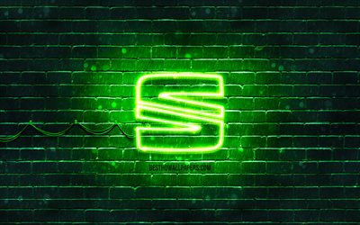 Seat green logo, 4k, green brickwall, Seat logo, cars brands, Seat neon logo, Seat
