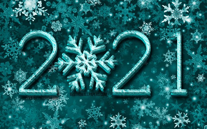 4k, 2021 new year, snowflakes patterns, 3D art, 2021 blue digits, 2021 concepts, 2021 on blue background, 2021 3D digits, snowflakes, 2021 year digits, Happy New Year 2021