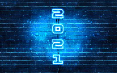 4k, Happy New Year 2021, blue neon digits, blue brickwall, 2021 yellow digits, 2021 concepts, 2021 new year, vertical neon inscription, 2021 on blue background, 2021 year digits